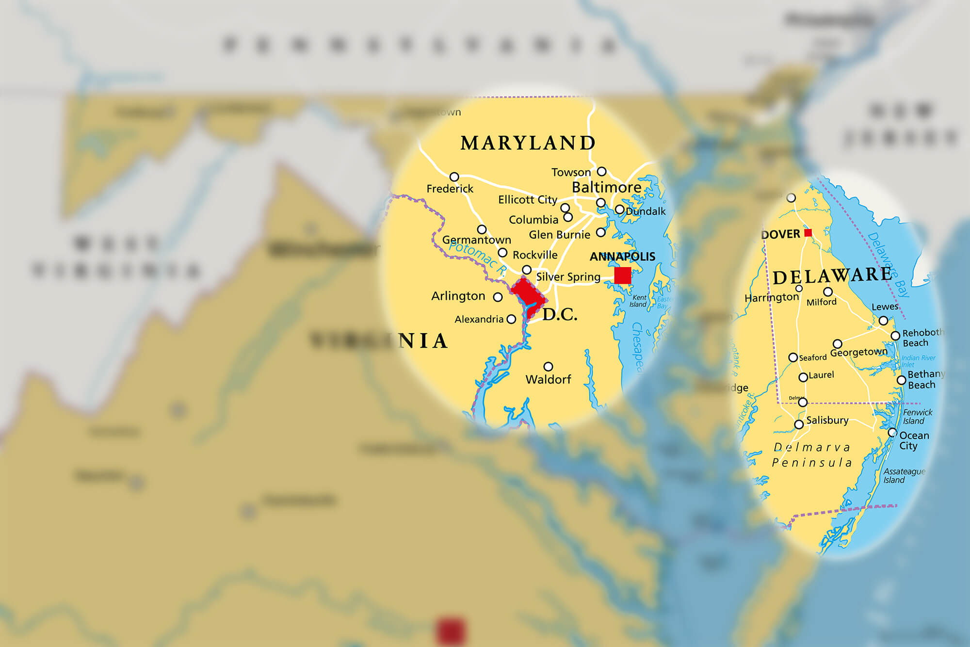 Map of Maryland, Delaware, Virginia areas served by Hawkins' Electricians